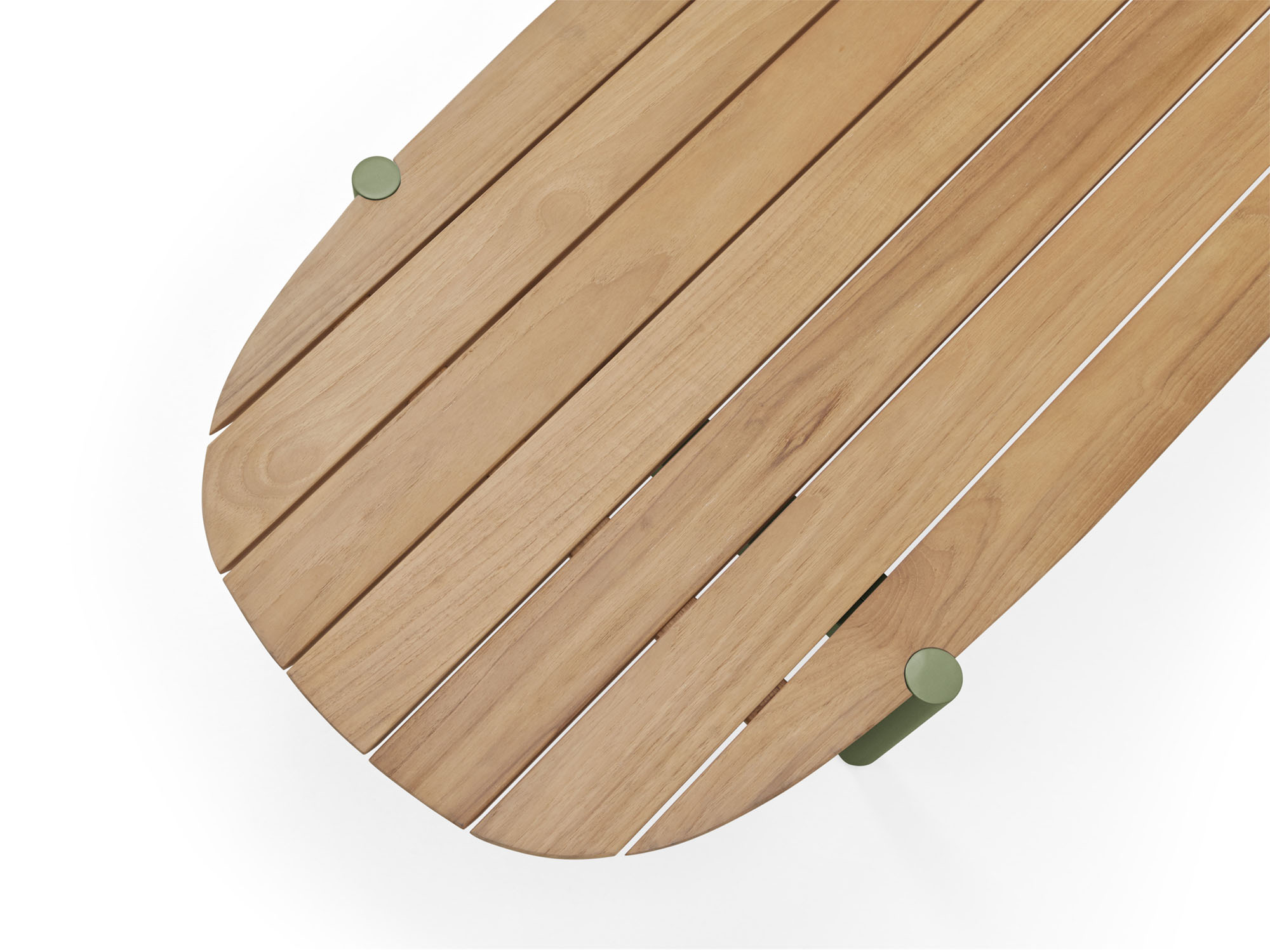 Overhead detail view of oval wood outdoor coffee table with green legs